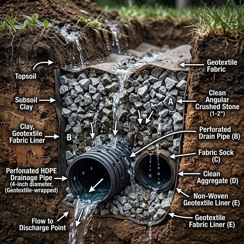 Crushed stone in a drainage trench — superior water flow due to angular voids