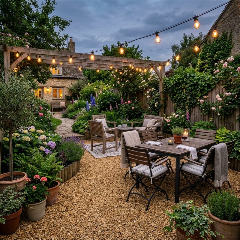 Pea gravel patio — warm golden tones create a charming outdoor living space